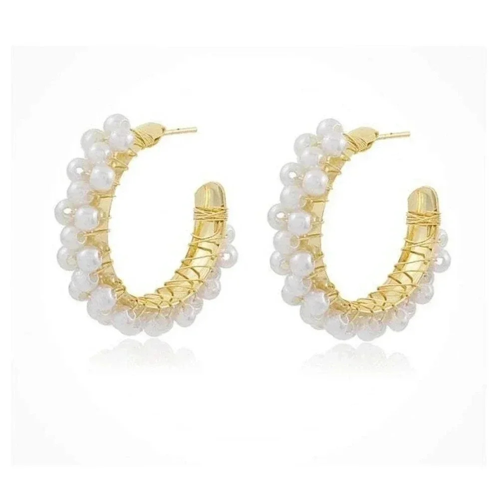 18K Gold Filled Dainty Classic Pearl Hoop Earrings - Picture 2 of 2